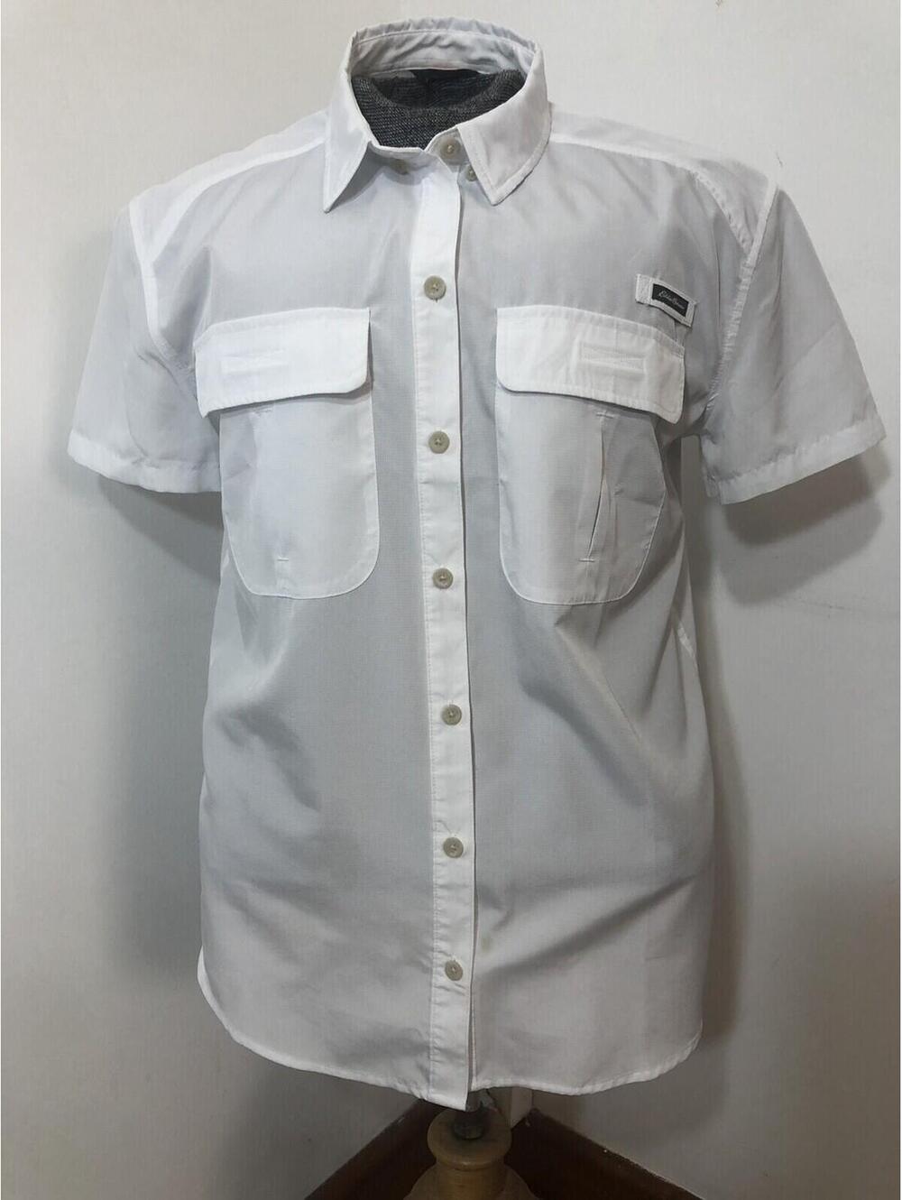 Eddie Bauer Mens Large White Shortsleeved Fishing Shirt Vented Button Pockets